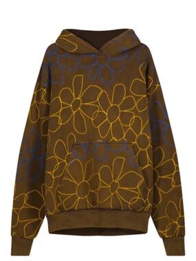 Brown Floral Hooded Sweater with Yellow & Blue Outline